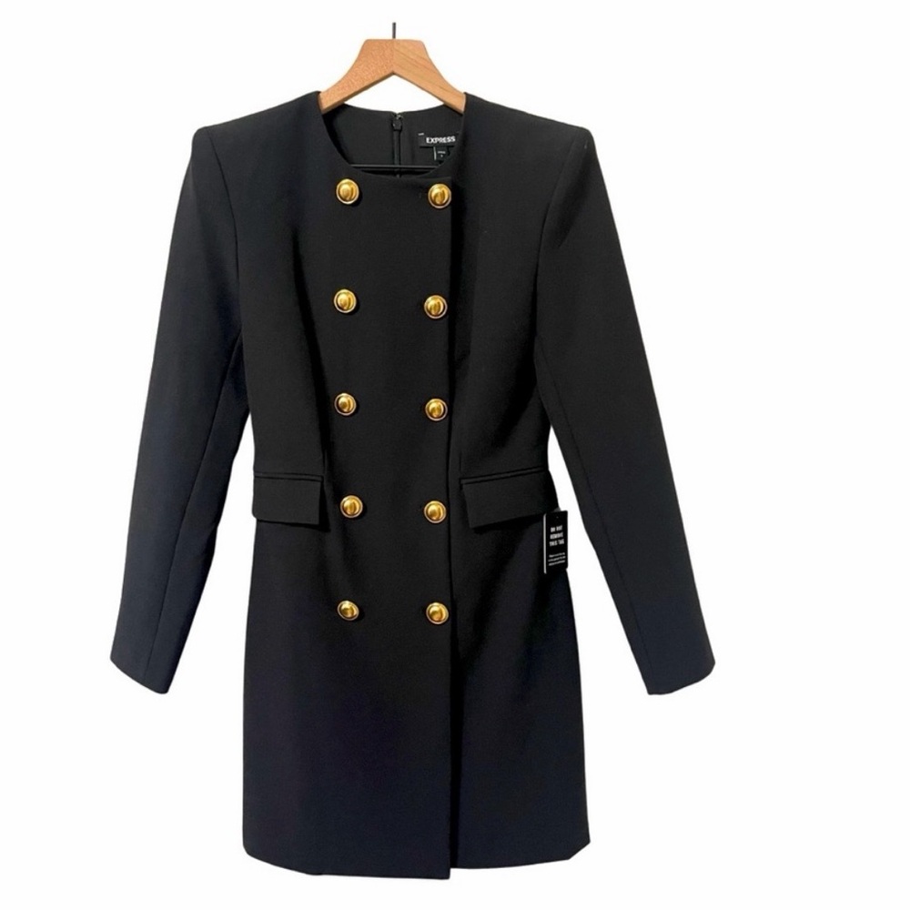 Express novelty padded shoulder Black and gold, mini blazer suit dress size xs